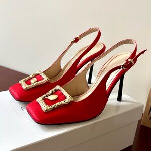 BEAUTIISOLES Melody silk satin red embellished buckle stiletto slingback sz.6